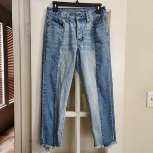 American Eagle Vintage Hi-Rise Two-Tone Button Fly Cropped Jeans Raw Hem Size 6